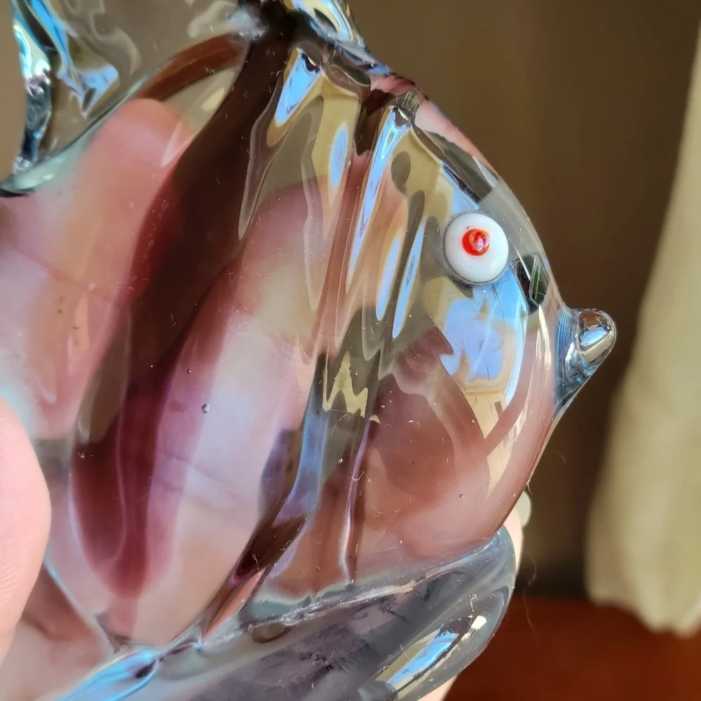 Murano-Style Art Glass Clear  Blue Fish Paperweight Red-Eyed Accent